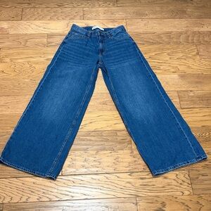 Bershka High Waisted Wide Leg Jeans, Dark Blue, Size 4